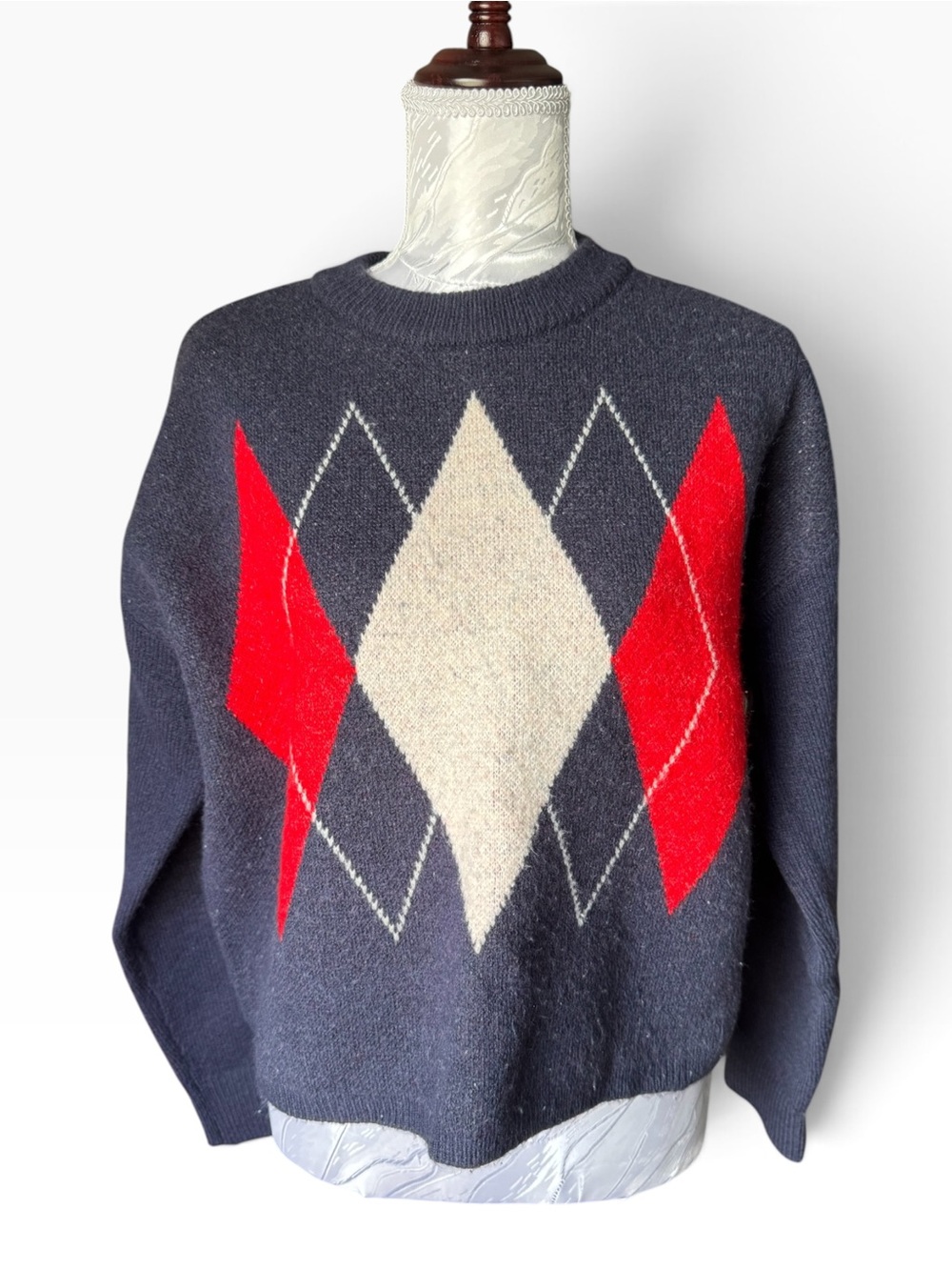 Aqua Women's Navy Blue Argyle Knit Crew Neck Sweater